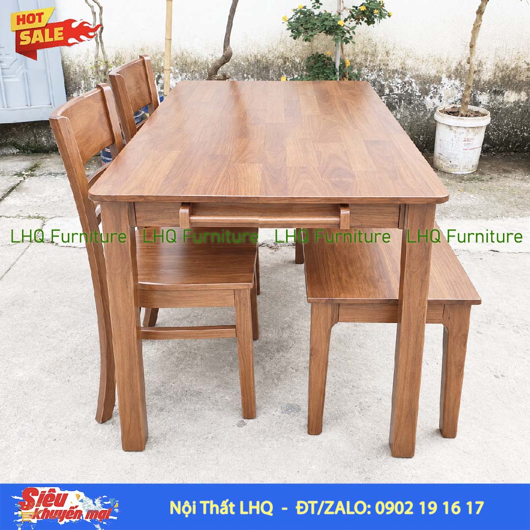 Bộ bàn ăn 1m2 gỗ 2 ghế Cabin 1 ghế Bench – Gọn đẹp cho không gian nhỏ