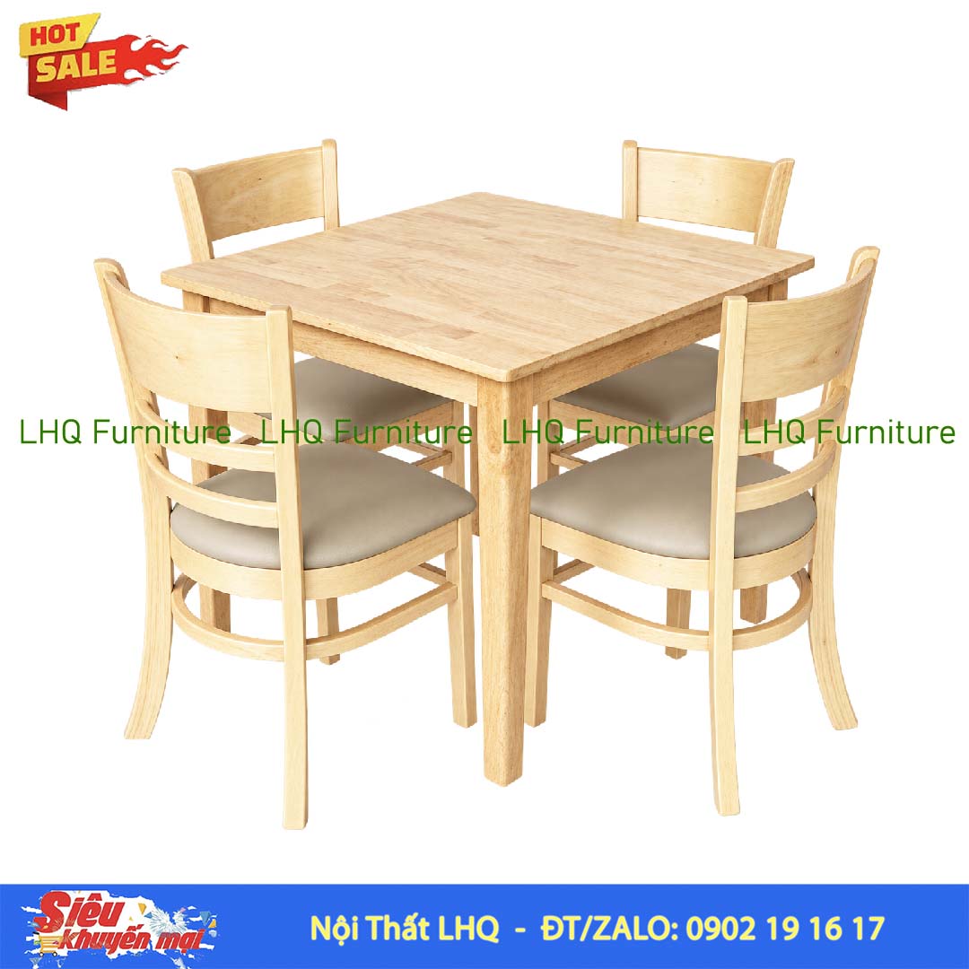 Bộ Bàn Ăn Vuông 80 4 Ghế Cabin – Gỗ Cao Su Tự Nhiên
