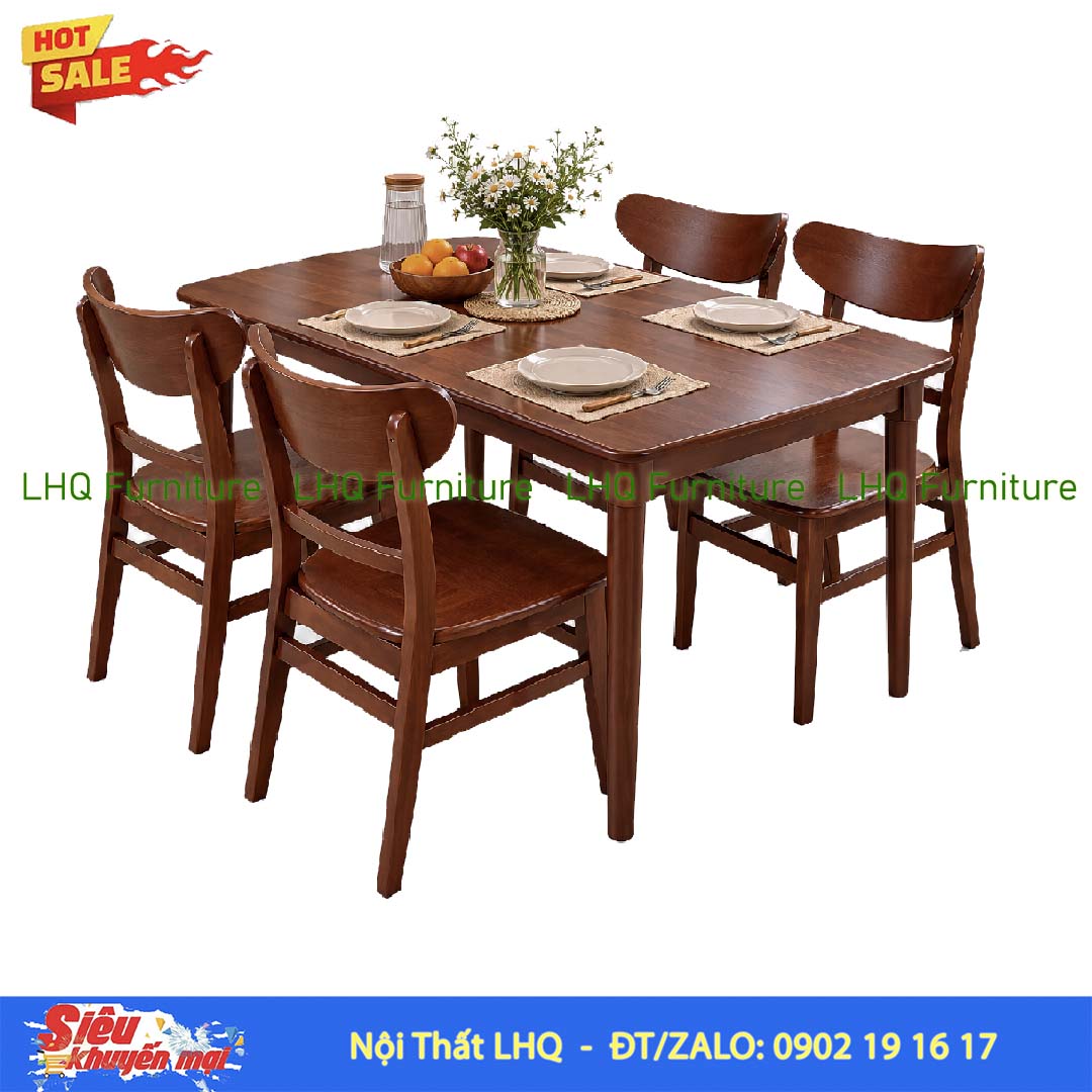Bộ bàn ăn gỗ 1m2 4 ghế Mango mặt gỗ – Tự nhiên, Walnut