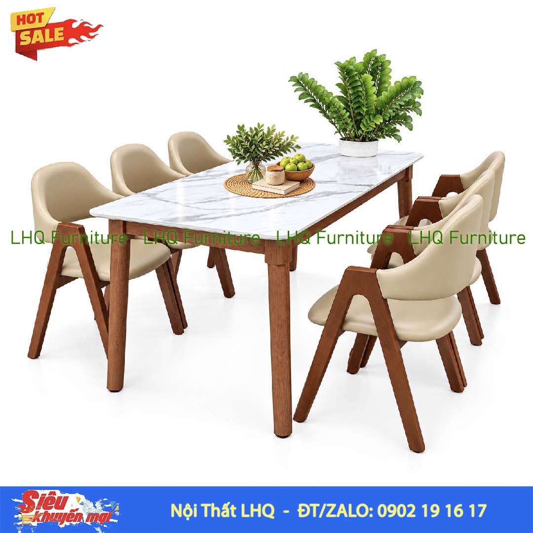 Bộ bàn 6 ghế chữ A bàn 1m6 giả đá – Tự nhiên và Walnut