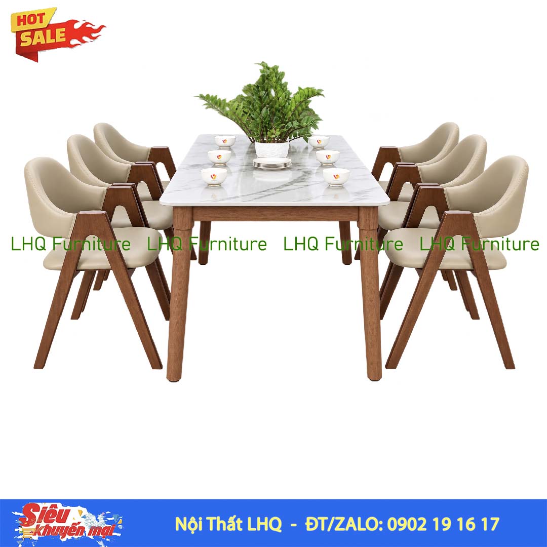 Bộ bàn 6 ghế chữ A bàn 1m6 giả đá – Tự nhiên và Walnut