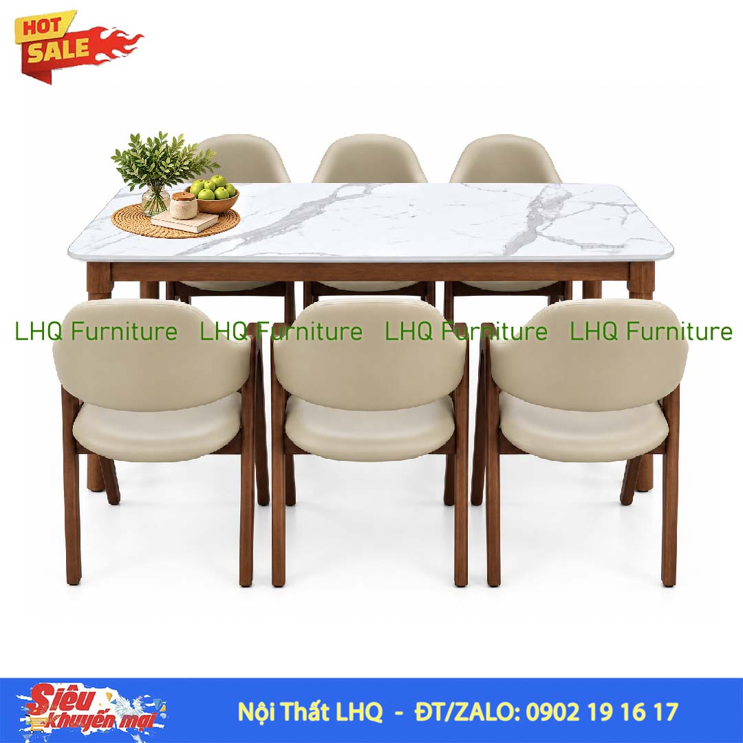Bộ bàn 6 ghế chữ A bàn 1m6 giả đá – Tự nhiên và Walnut