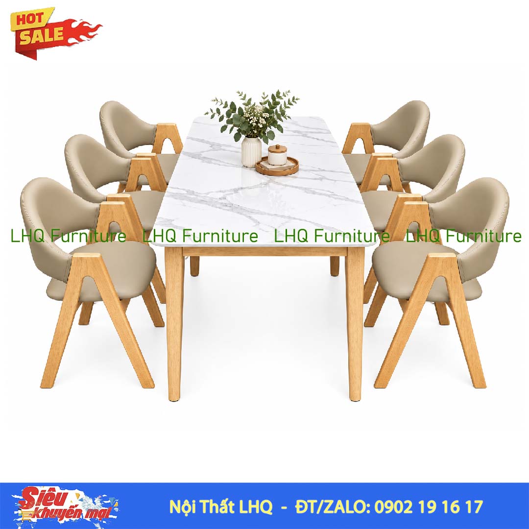 Bộ bàn 6 ghế chữ A bàn 1m6 giả đá – Tự nhiên và Walnut