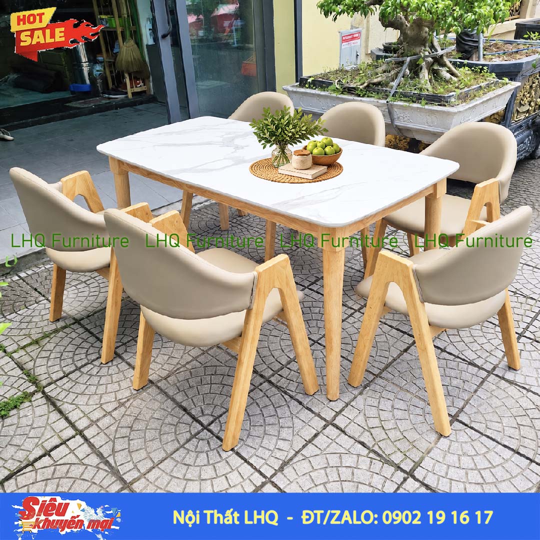 Bộ bàn 6 ghế chữ A bàn 1m6 giả đá – Tự nhiên và Walnut