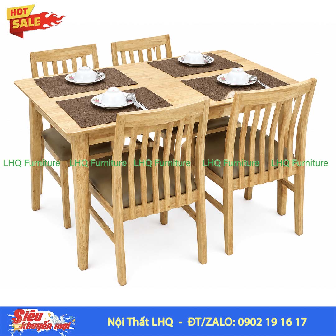 Bộ Bàn Ghế Ăn Bingo 4 Ghế Gỗ Cao Su Tự Nhiên