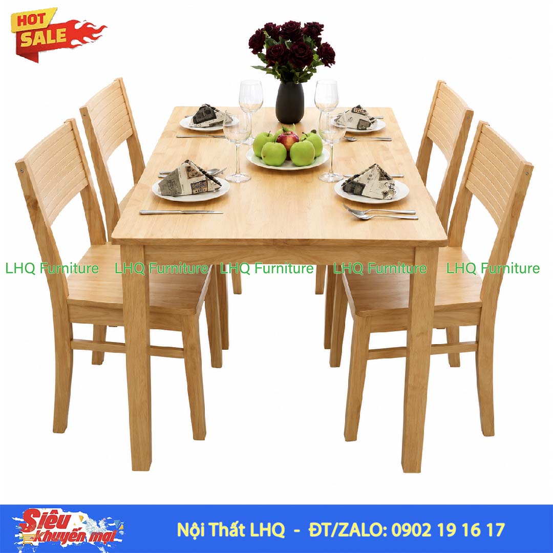 Bộ Bàn Ghế Ăn Cherry 4 Ghế Gỗ Cao Su Tự Nhiên