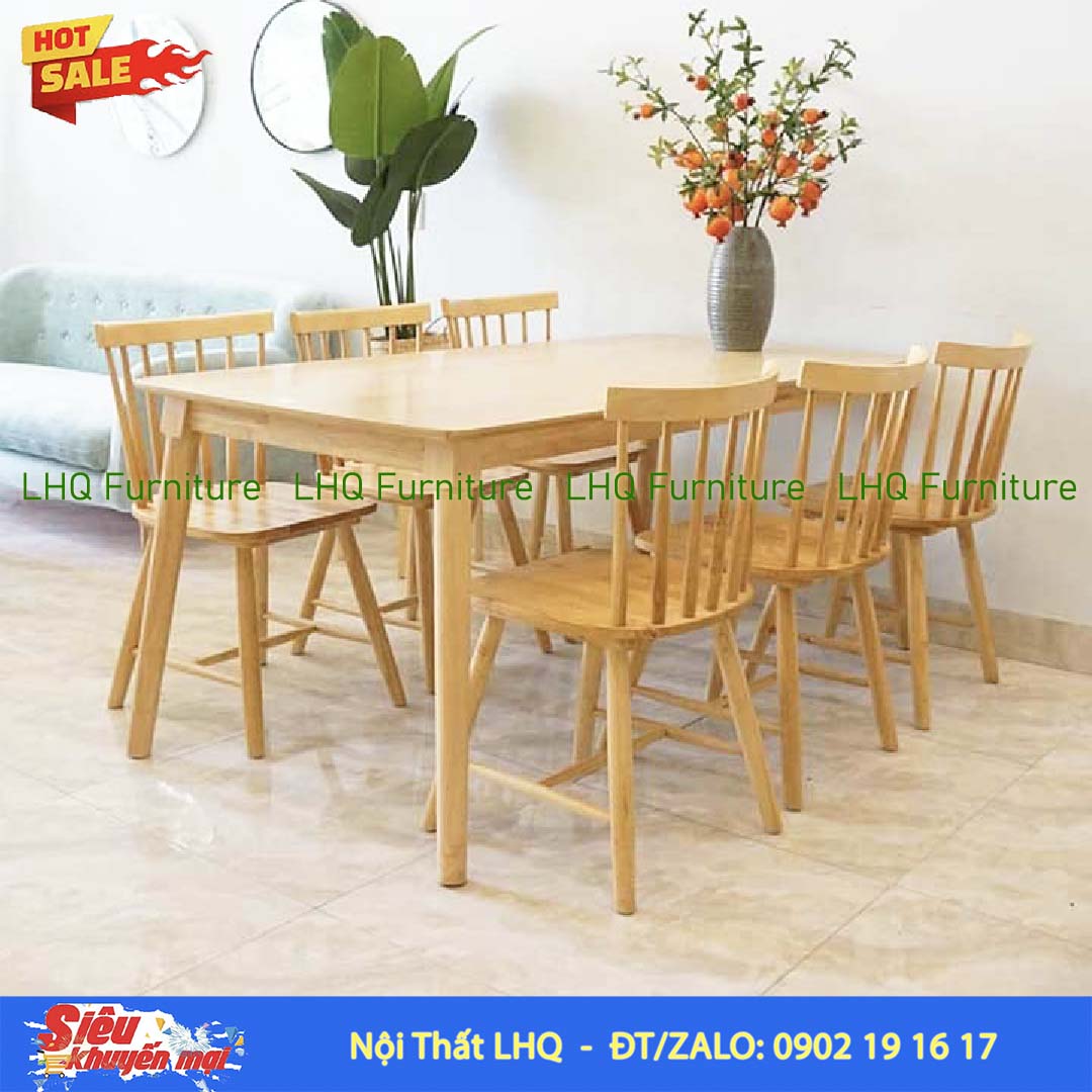 Bộ bàn ghế 7 nan bàn mặt gỗ 1m6 – Gỗ cao su tự nhiên
