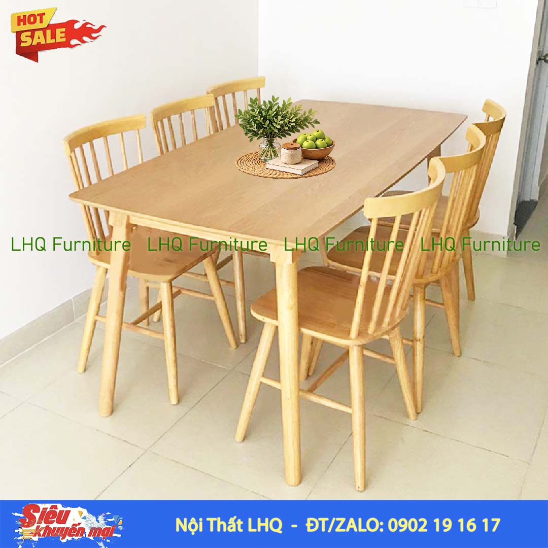Bộ bàn ghế 7 nan bàn mặt gỗ 1m6 – Gỗ cao su tự nhiên