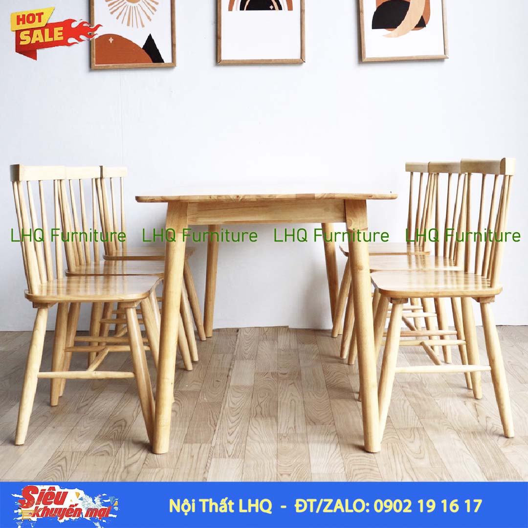 Bộ bàn ghế 7 nan bàn mặt gỗ 1m6 – Gỗ cao su tự nhiên