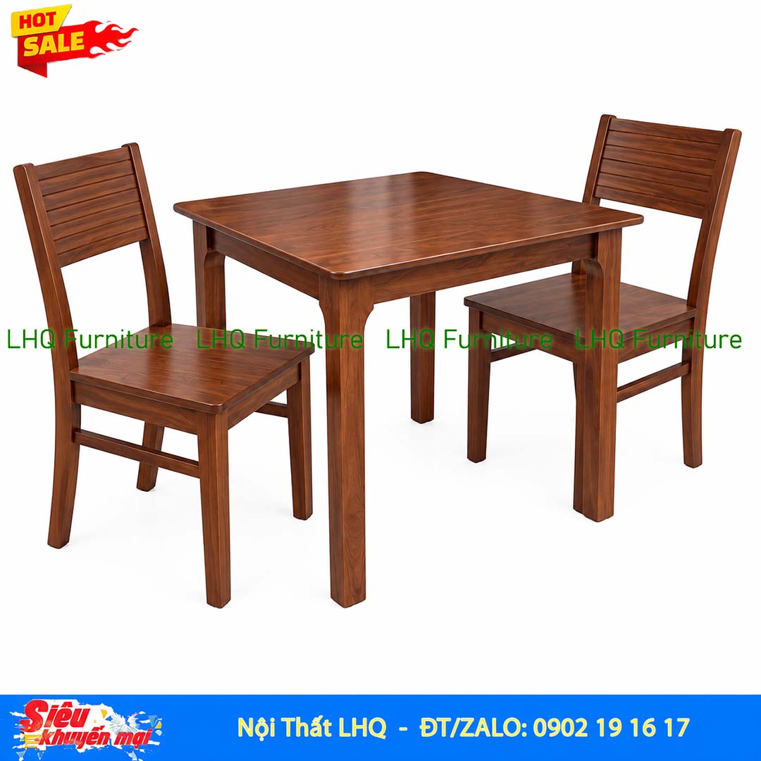 Bộ Bàn 2 Ghế Cherry – Bàn Vuông 80cm Màu Tự Nhiên