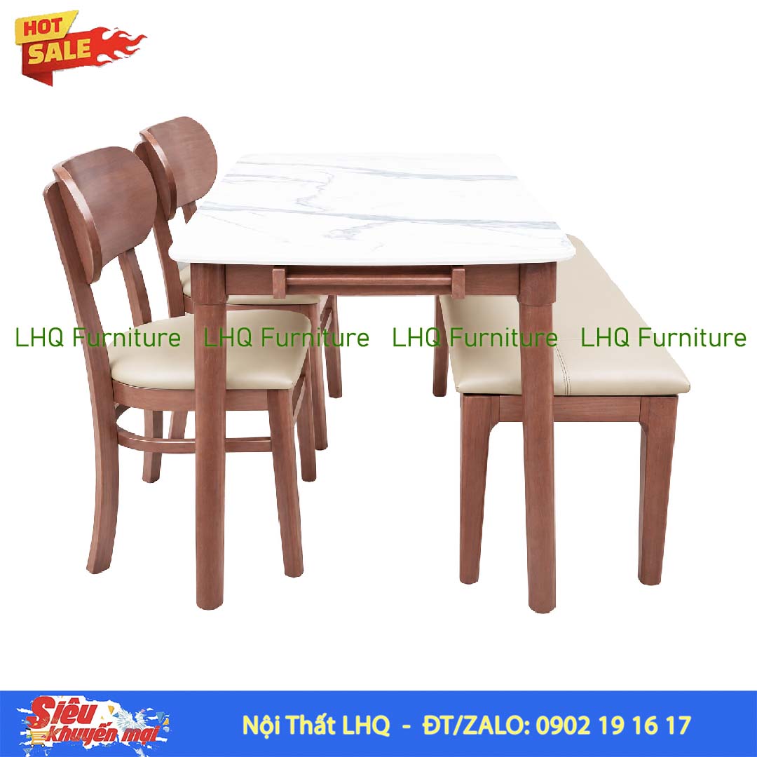 Bộ Bàn Ăn 2 Ghế Butter + 1 Bench Mặt Giả Đá 1m2