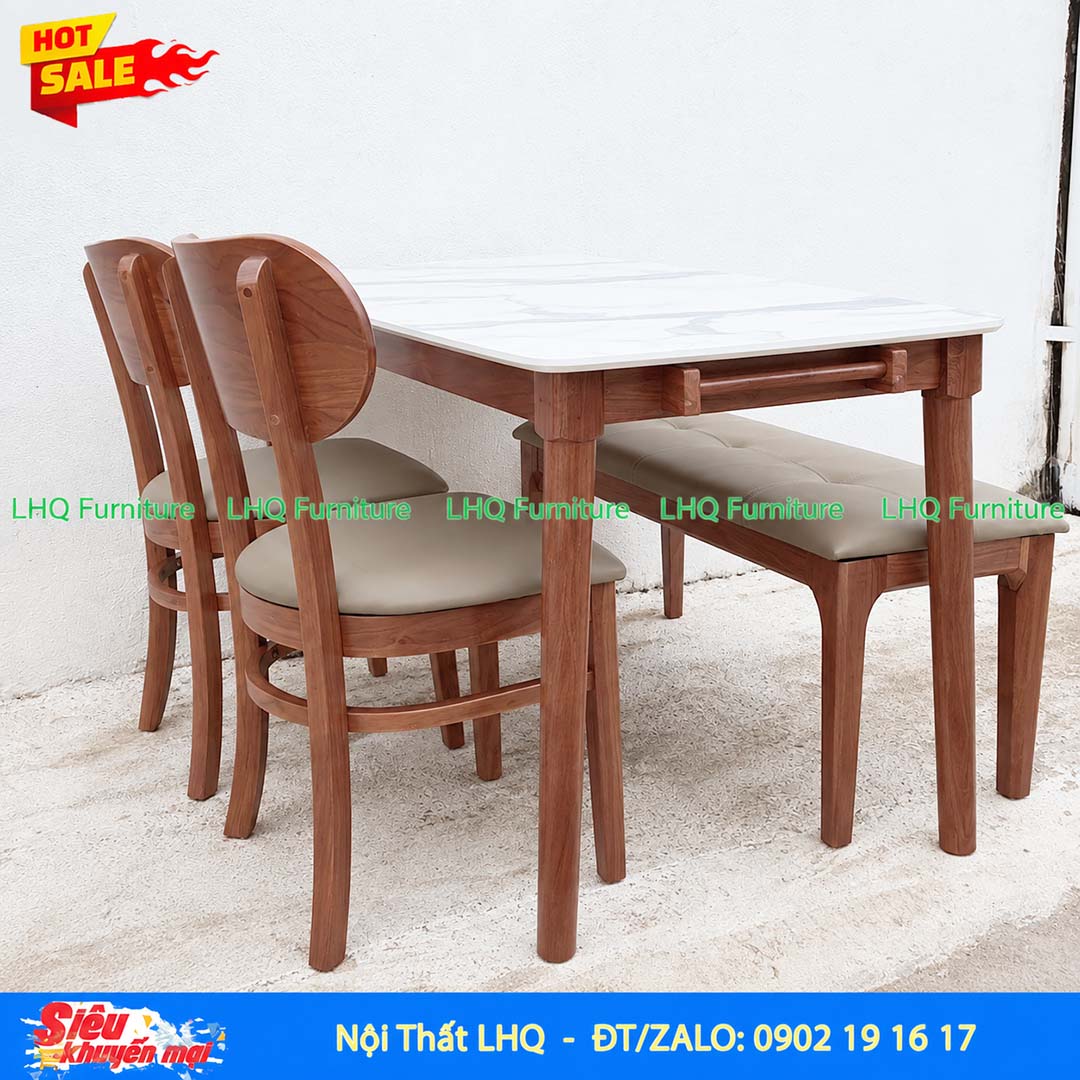 Bộ Bàn Ăn 2 Ghế Butter + 1 Bench Mặt Giả Đá 1m2