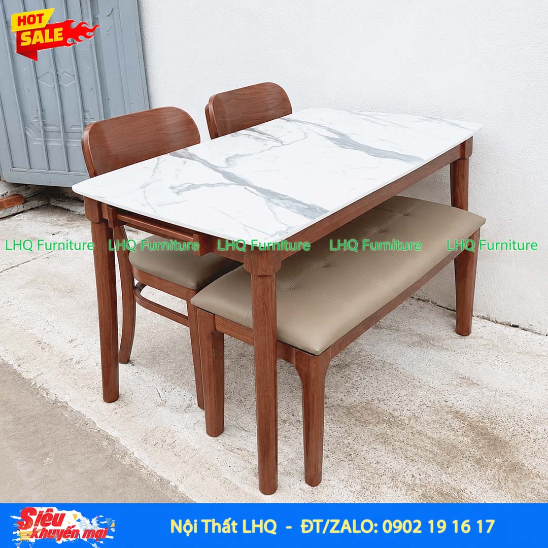 Bộ Bàn Ăn 2 Ghế Butter + 1 Bench Mặt Giả Đá 1m2