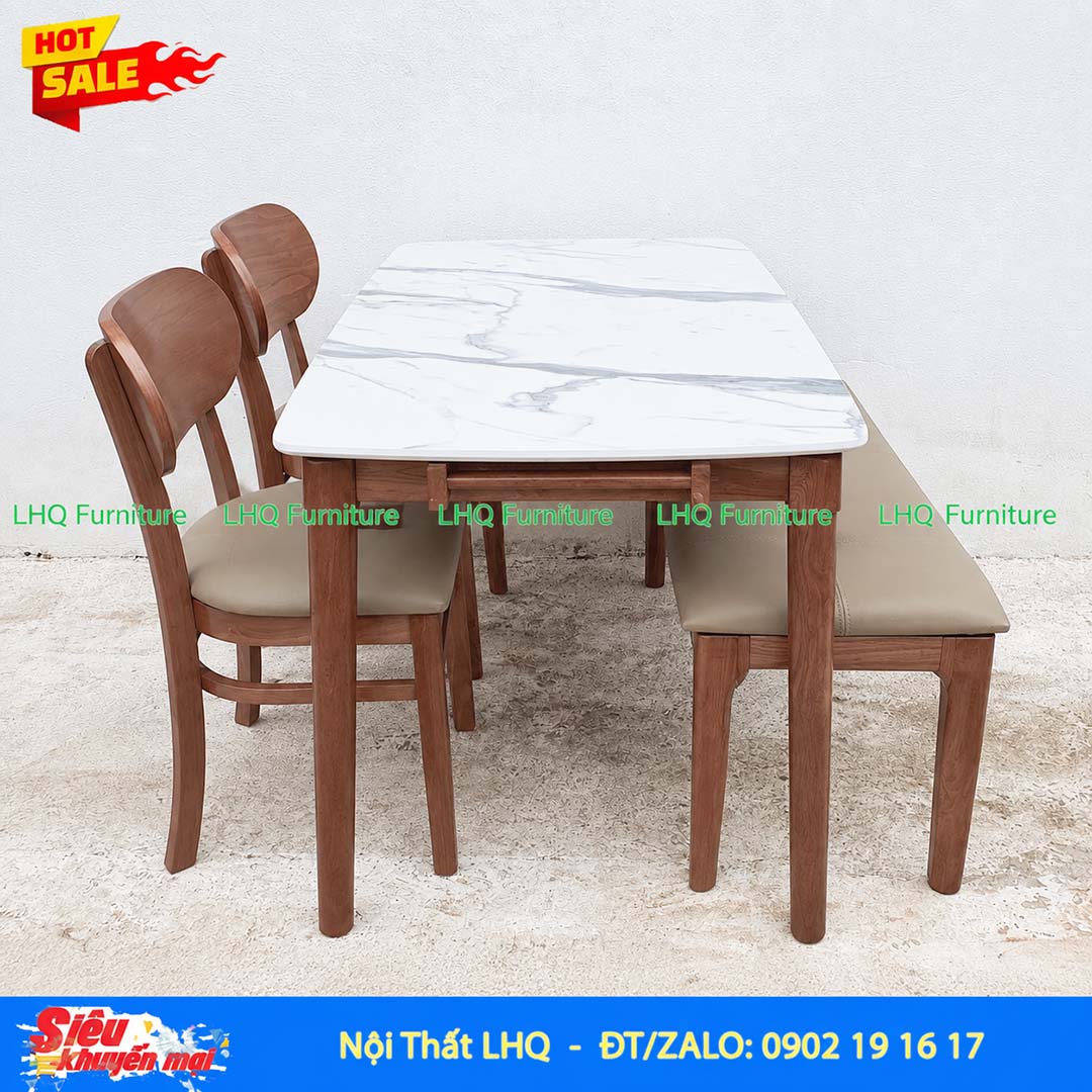 Bộ Bàn Ăn 2 Ghế Butter + 1 Bench Mặt Giả Đá 1m2