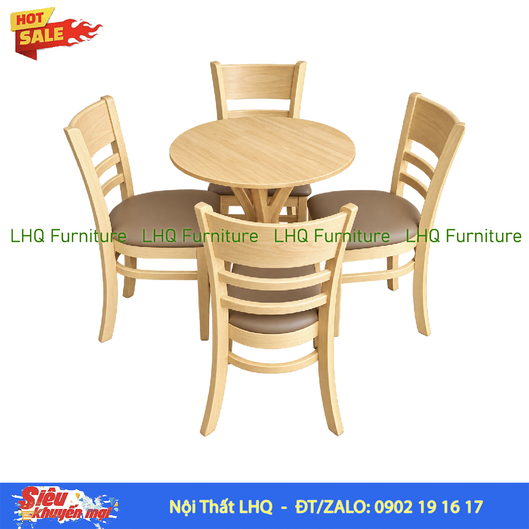 Bộ Bàn 4 Ghế Cabin – Bàn Chân Chụm 60cm Tự Nhiên & Walnut