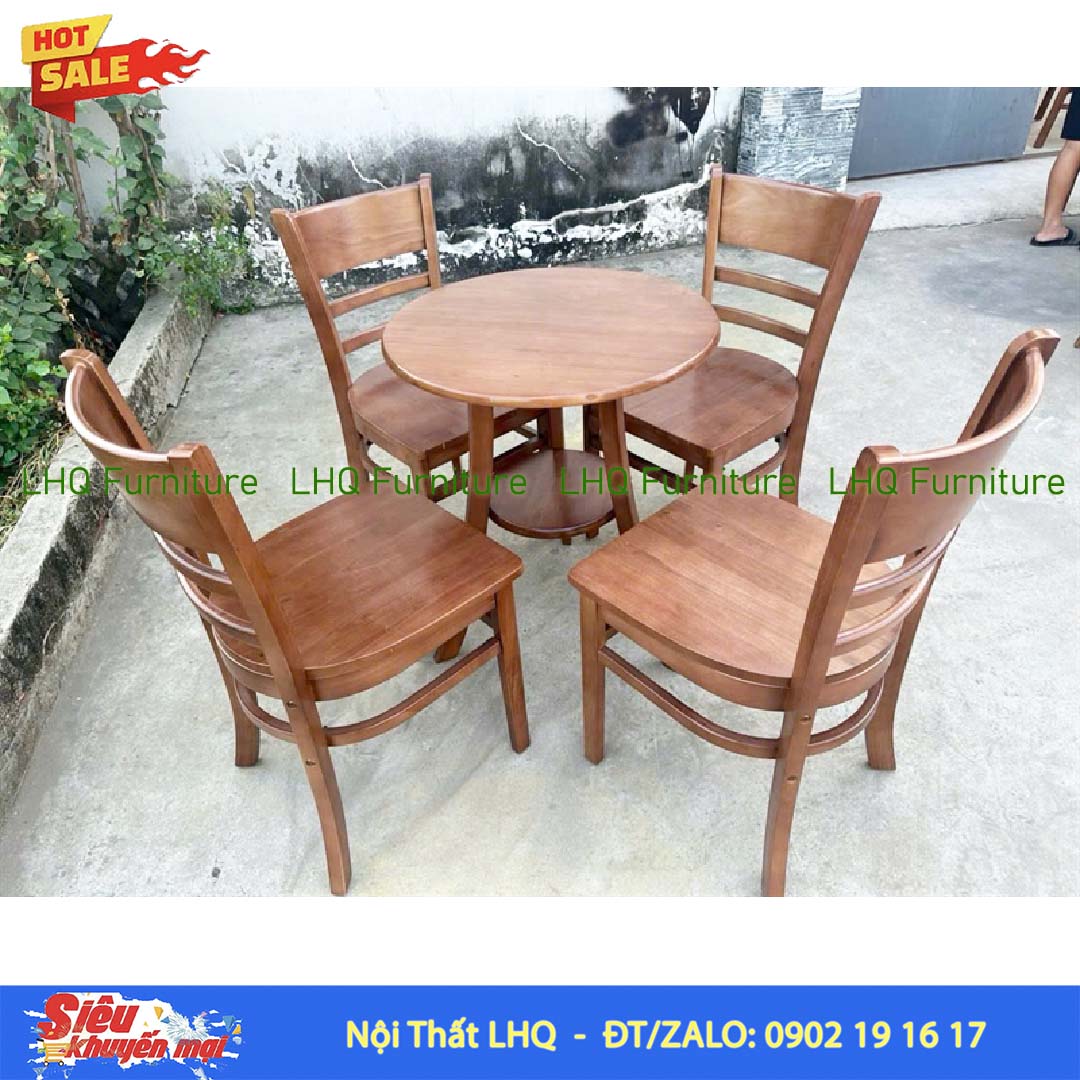 Bộ Bàn 4 Ghế Cabin Mặt Gỗ – Bàn 2 Tầng Tròn 60cm