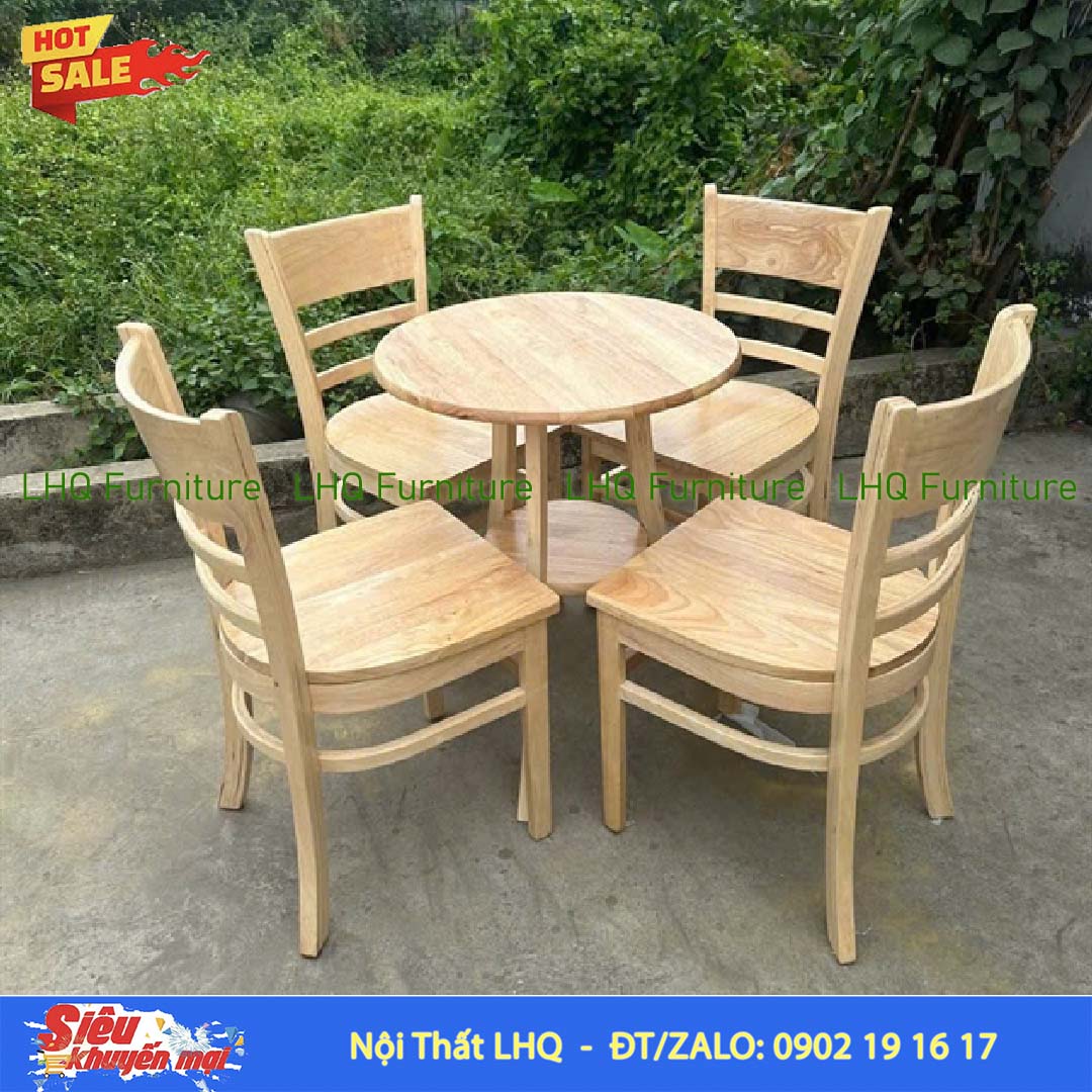 Bộ Bàn 4 Ghế Cabin Mặt Gỗ – Bàn 2 Tầng Tròn 60cm