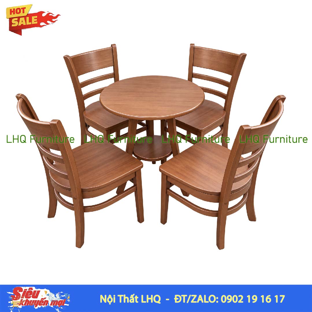 Bộ Bàn 4 Ghế Cabin Mặt Gỗ – Bàn 2 Tầng Tròn 60cm