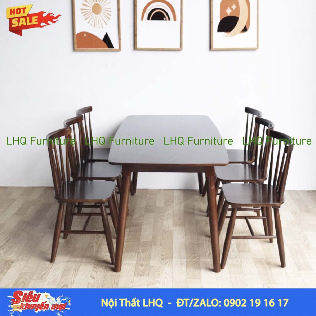 Bộ bàn ghế 7 nan bàn mặt gỗ 1m6 – Gỗ cao su tự nhiên
