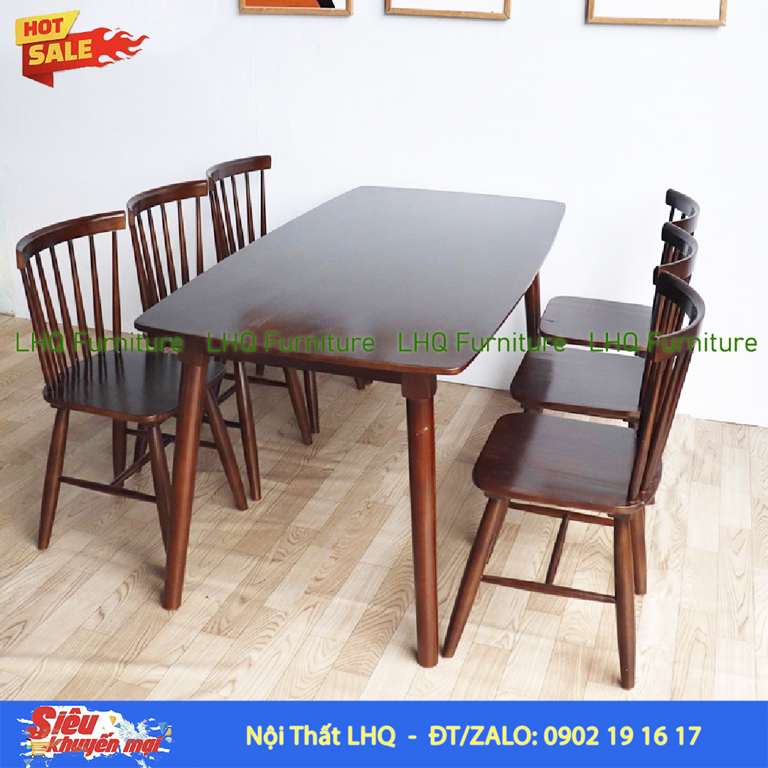 Bộ bàn ghế 7 nan bàn mặt gỗ 1m6 – Gỗ cao su tự nhiên