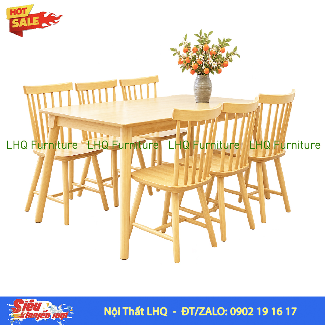 Bộ bàn ghế 7 nan bàn mặt gỗ 1m6 – Gỗ cao su tự nhiên