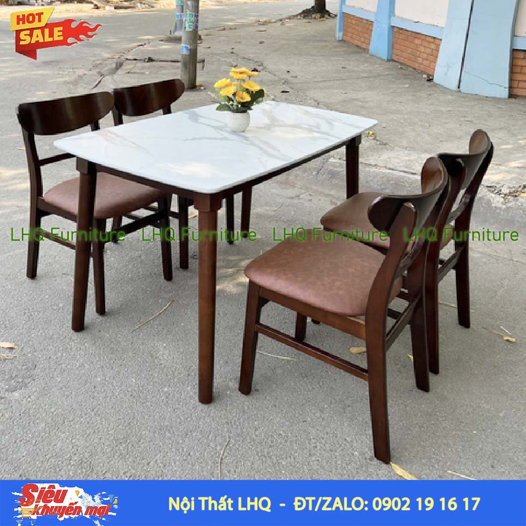 Bộ bàn ăn 1m2 giả đá 4 ghế Mango nệm – Gỗ cao su tự nhiên