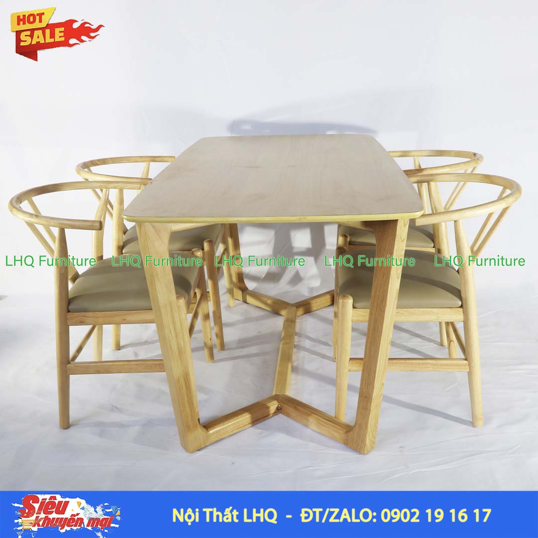 Bộ bàn ghế ăn Wishbone 4 ghế gỗ cao su tự nhiên