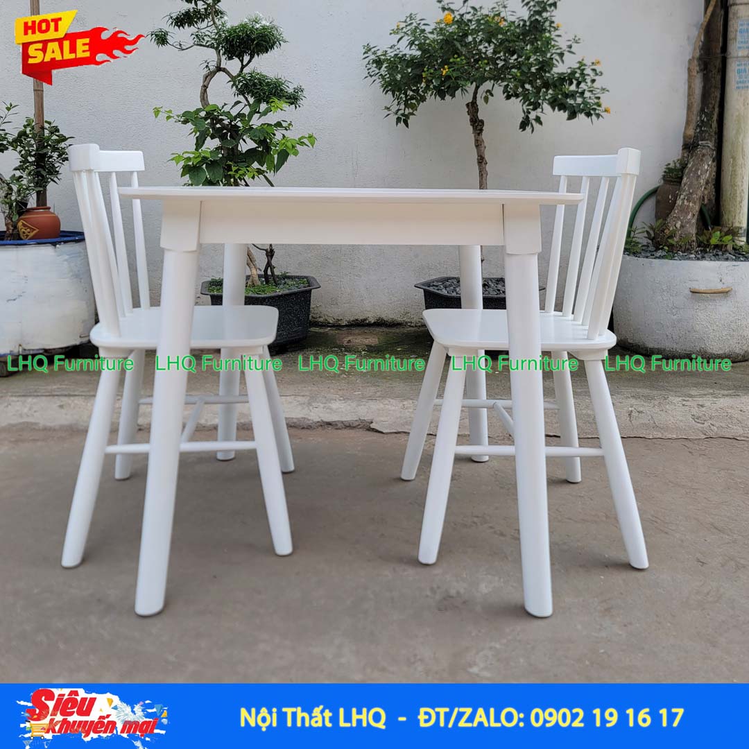 Bộ Bàn Ăn 2 Ghế Song Tiện 7 Nan Gỗ Cao Su – Bàn Vuông 80cm