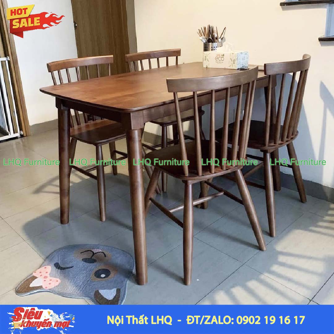 Bộ Bàn Ăn Song Tiền gỗ cao su tự nhiên hiện đại