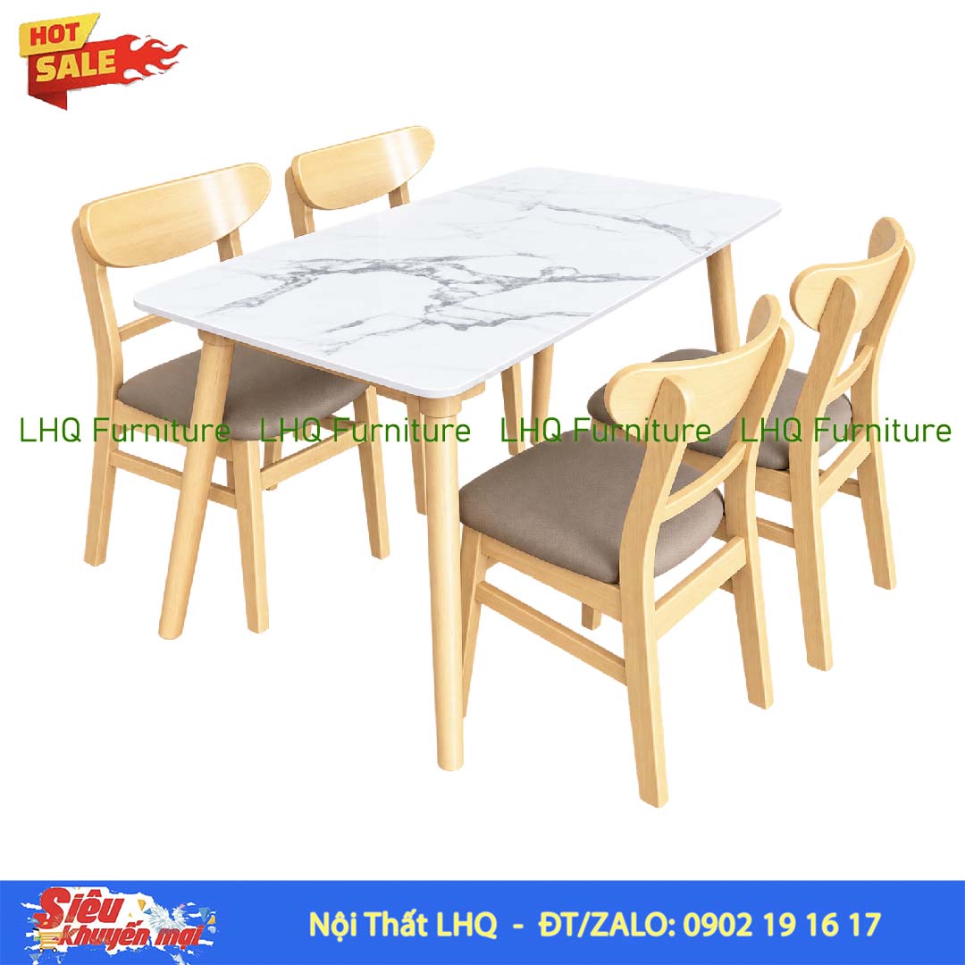 Bộ bàn ăn 1m2 giả đá 4 ghế Mango nệm – Gỗ cao su tự nhiên