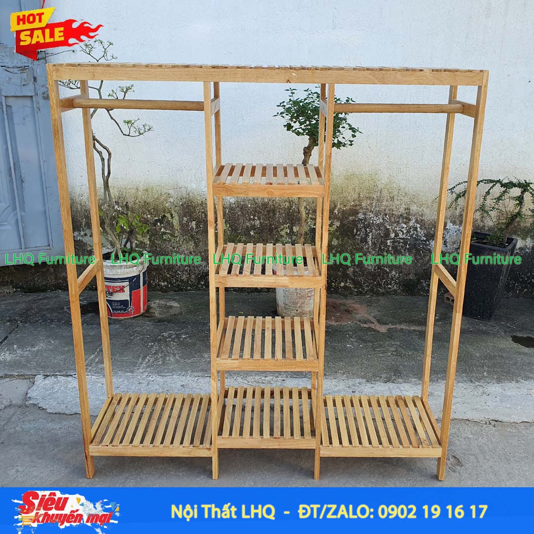 Kệ Treo Quần Áo 3 Buồng Gỗ Cao Su 1m5 | Nội Thất LHQ