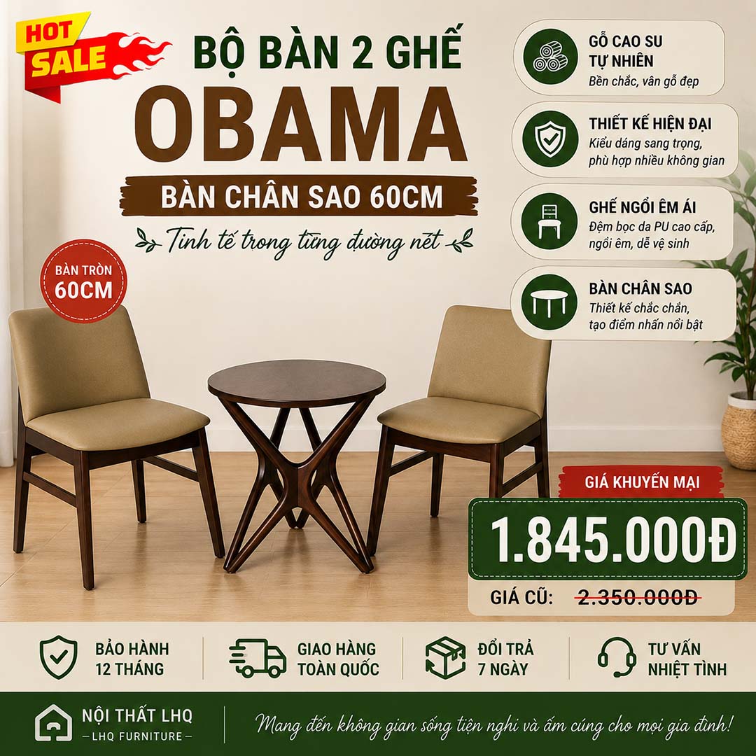 Bộ Bàn 2 Ghế Obama – Bàn Chân Sao 60cm