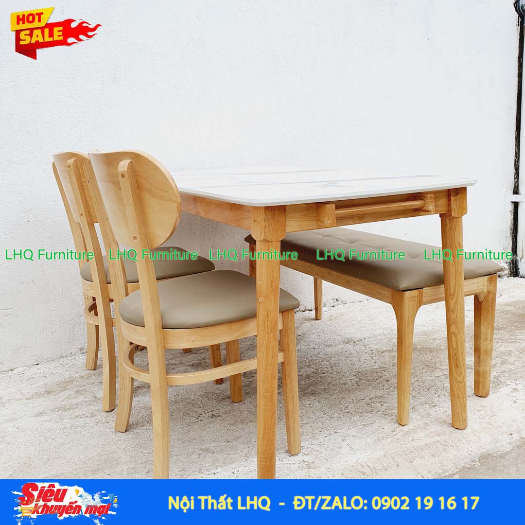 Bộ Bàn Ăn 2 Ghế Butter + 1 Bench Mặt Giả Đá 1m2