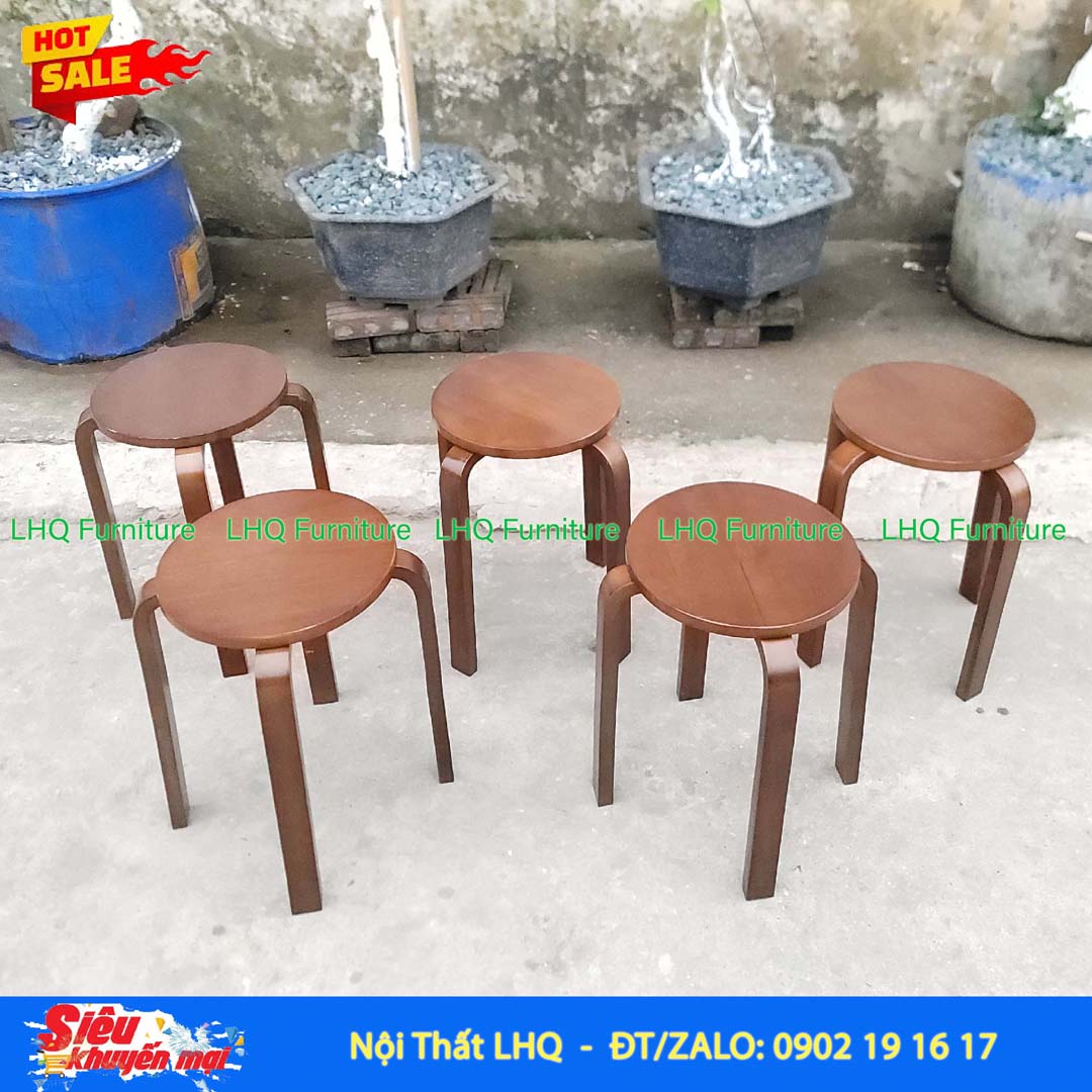 Ghế Đôn Tròn Chân Cong Gỗ Cao Su | Nội Thất LHQ