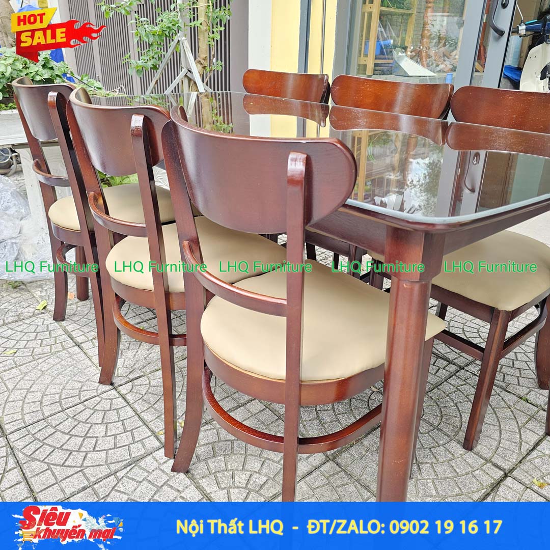 Bộ bàn 1m6 6 ghế Panda – Gỗ cao su, màu tự nhiên và walnut