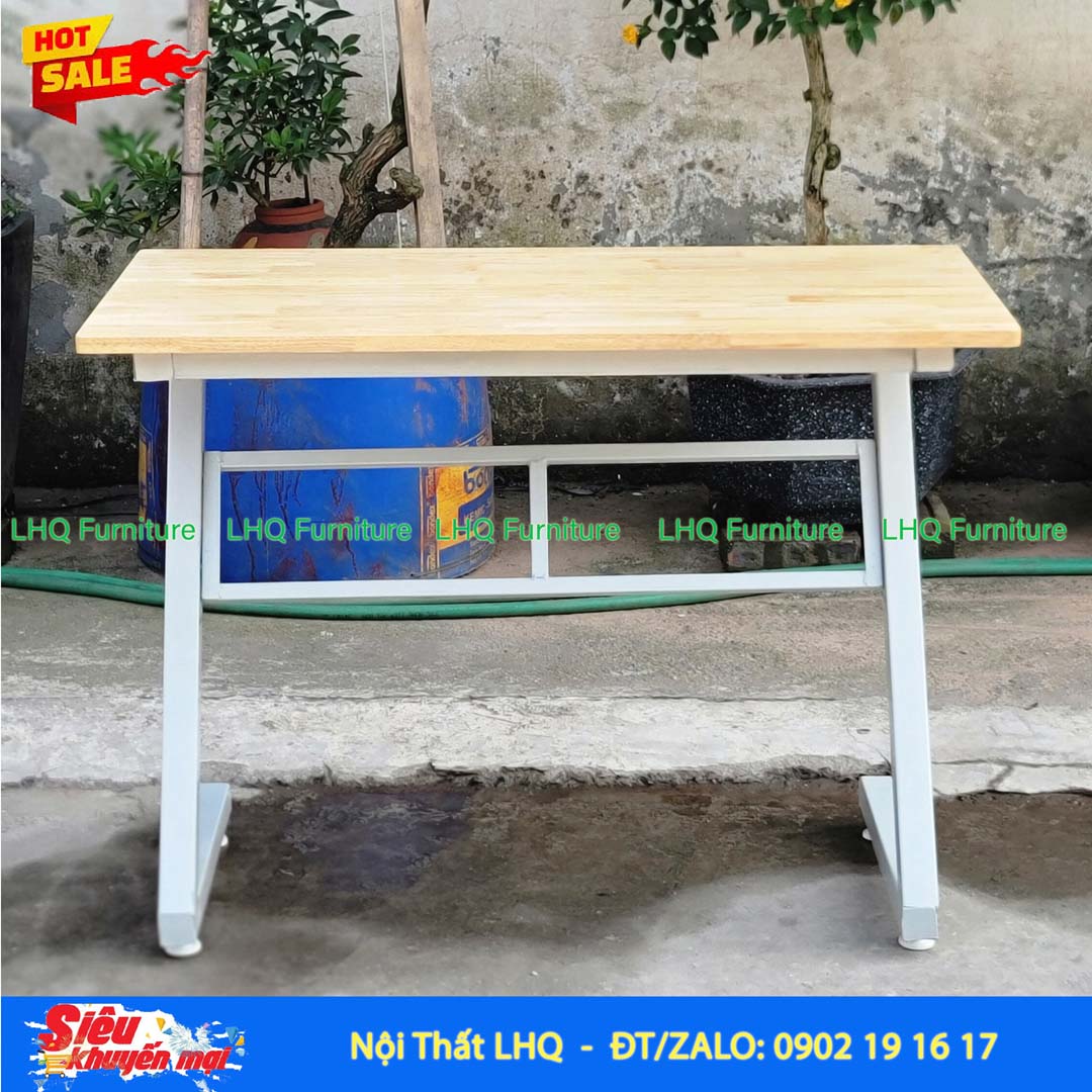 Bàn học khung sắt chữ Z gỗ cao su tự nhiên 1m – 1m2