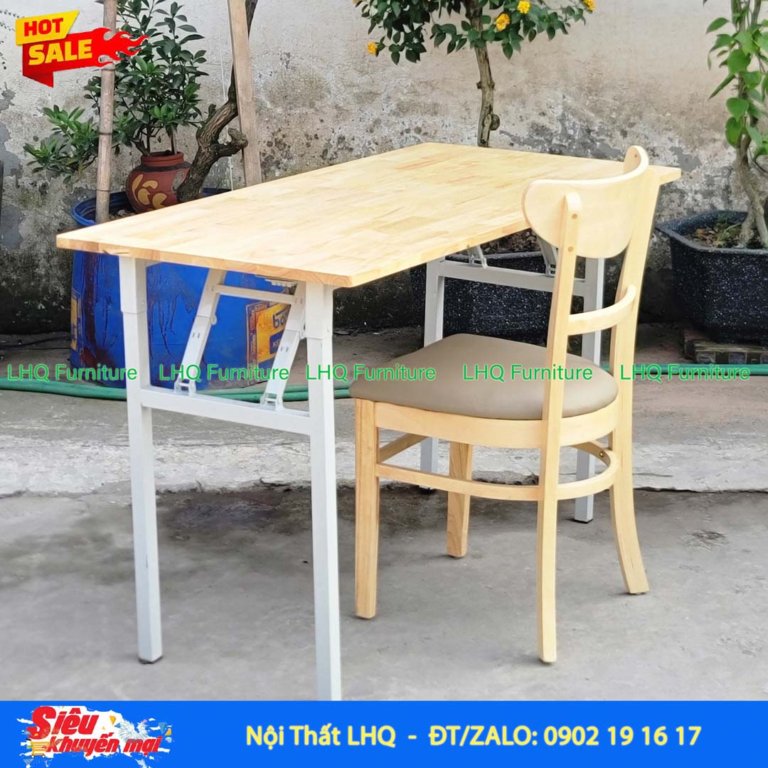 Bàn Làm Việc Chân Sắt Gấp 1m2 | Gỗ Cao Su Gấp Gọn Tiện Lợi