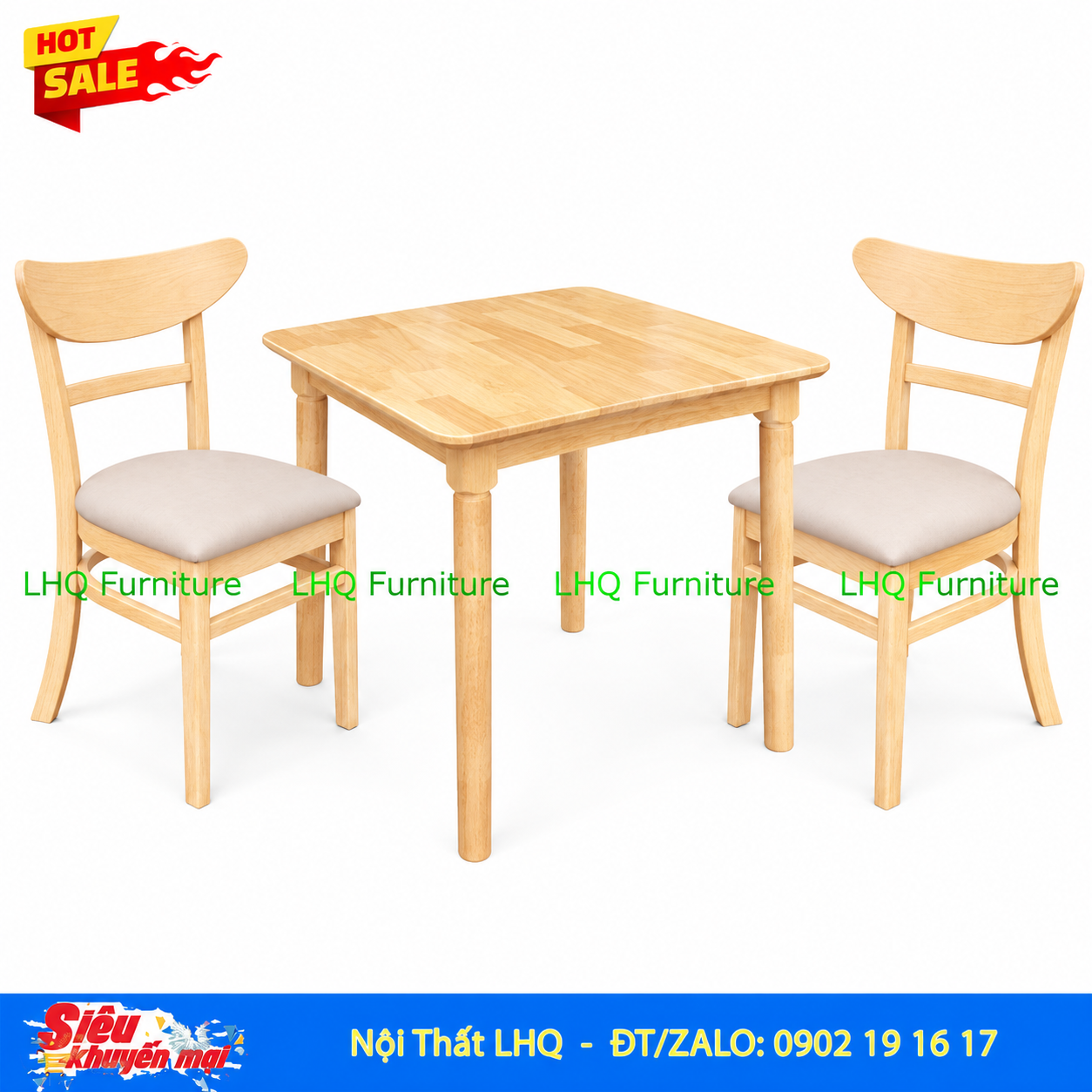 Bộ Bàn 2 Ghế Panda – Bàn Vuông 80cm Màu Trắng, Tự Nhiên & Walnut