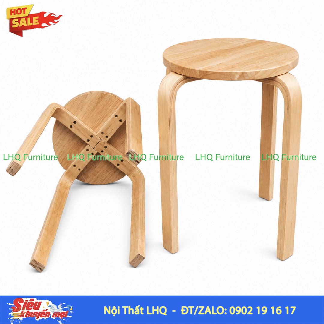 Ghế Đôn Tròn Chân Cong Gỗ Cao Su | Nội Thất LHQ