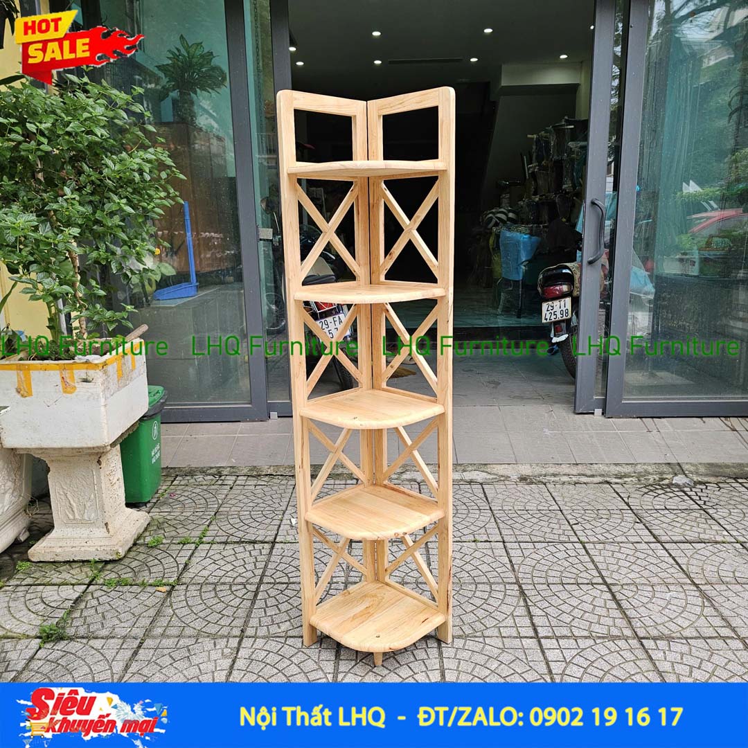 Kệ góc chữ X 5 tầng gỗ cao su tự nhiên 32x45x157cm