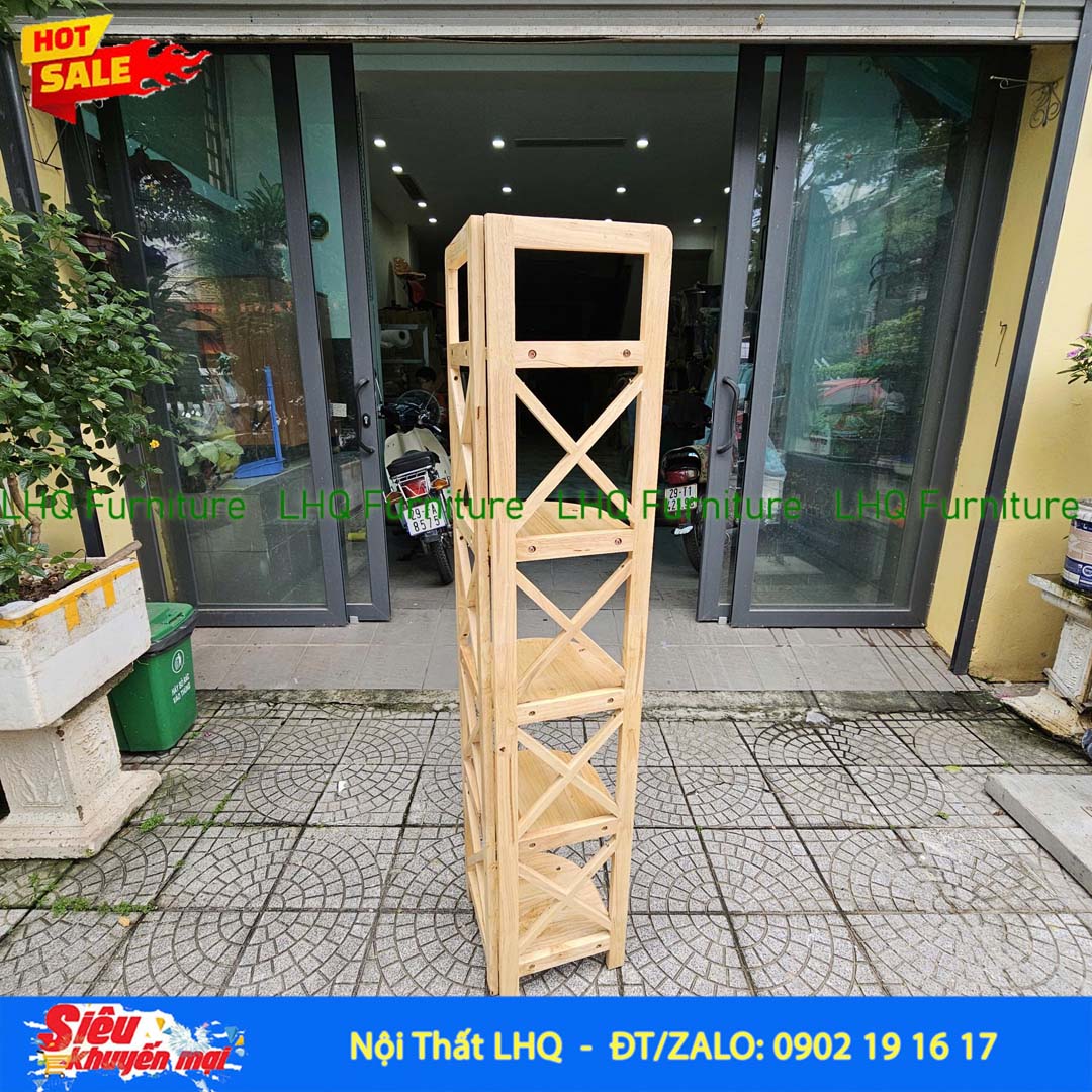 Kệ góc chữ X 5 tầng gỗ cao su tự nhiên 32x45x157cm