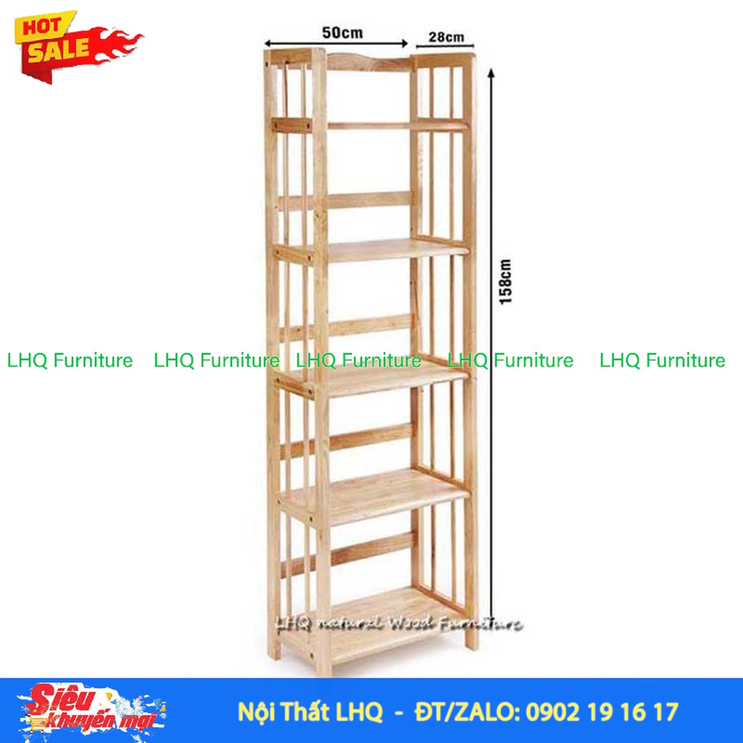 Kệ Sách Gỗ 5 Tầng Rộng 50cm – Gỗ Cao Su Tự Nhiên Chắc Chắn, Thiết Kế Hiện Đại