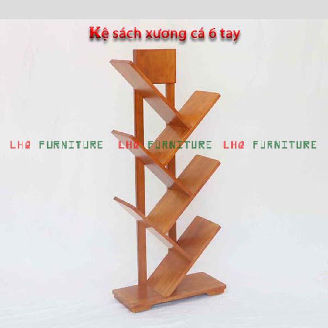 Kệ Sách Xương Cá 6 Tay Gỗ Cao Su – Giải Pháp Lưu Trữ Hiện Đại Cho Không Gian Sống