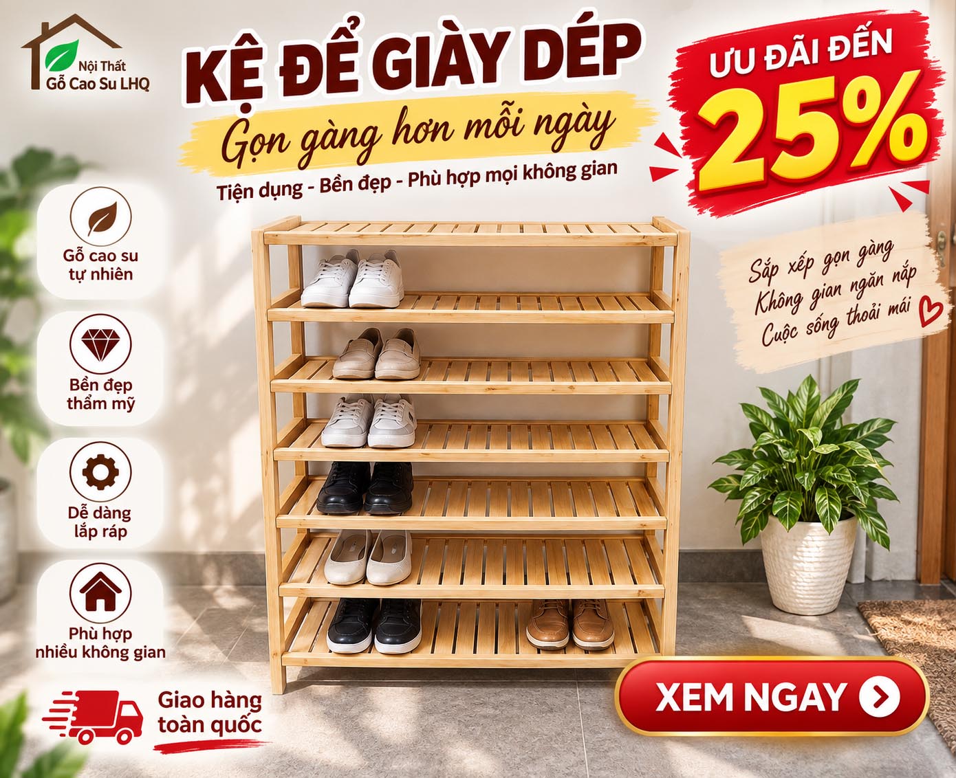 Kệ Để Giày Dép Gỗ Cao Su cao Từ 3 Đến 8 Tầng