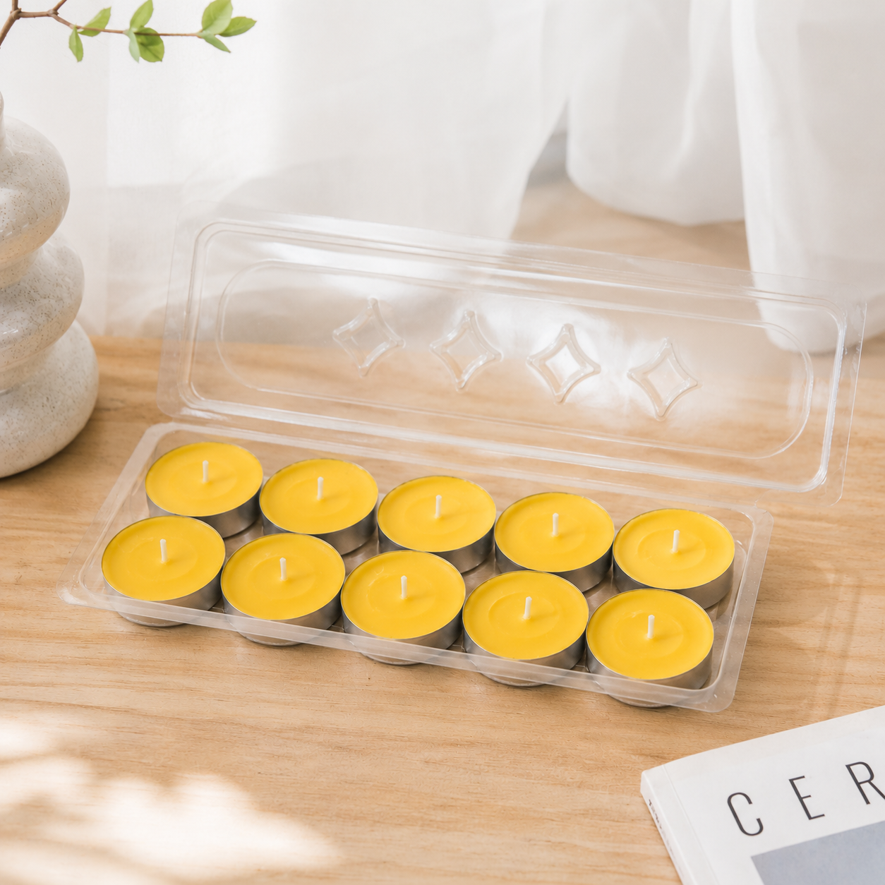 Hộp tealight mica, mê ca làm nến vỉ đóng được 10 viên nến tealight