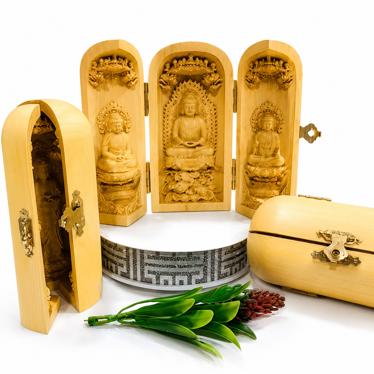 Tượng Phật chạm gỗ gấp gọn, tượng Tam Thánh gấp gọn cao 13cm