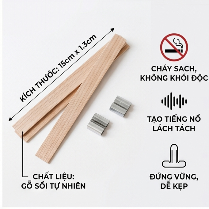 Bấc gỗ làm nến có đế sắt tạo cảm giác thư dãn kêu lách tách