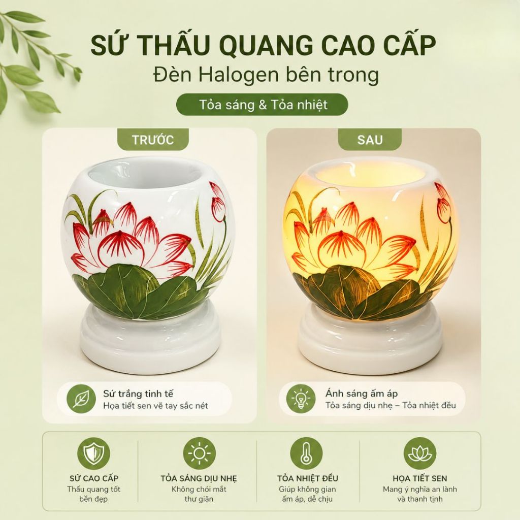 Đèn xông tinh dầu gốm sứ bát tràng thấu quang dùng xông tinh dầu cao cấp