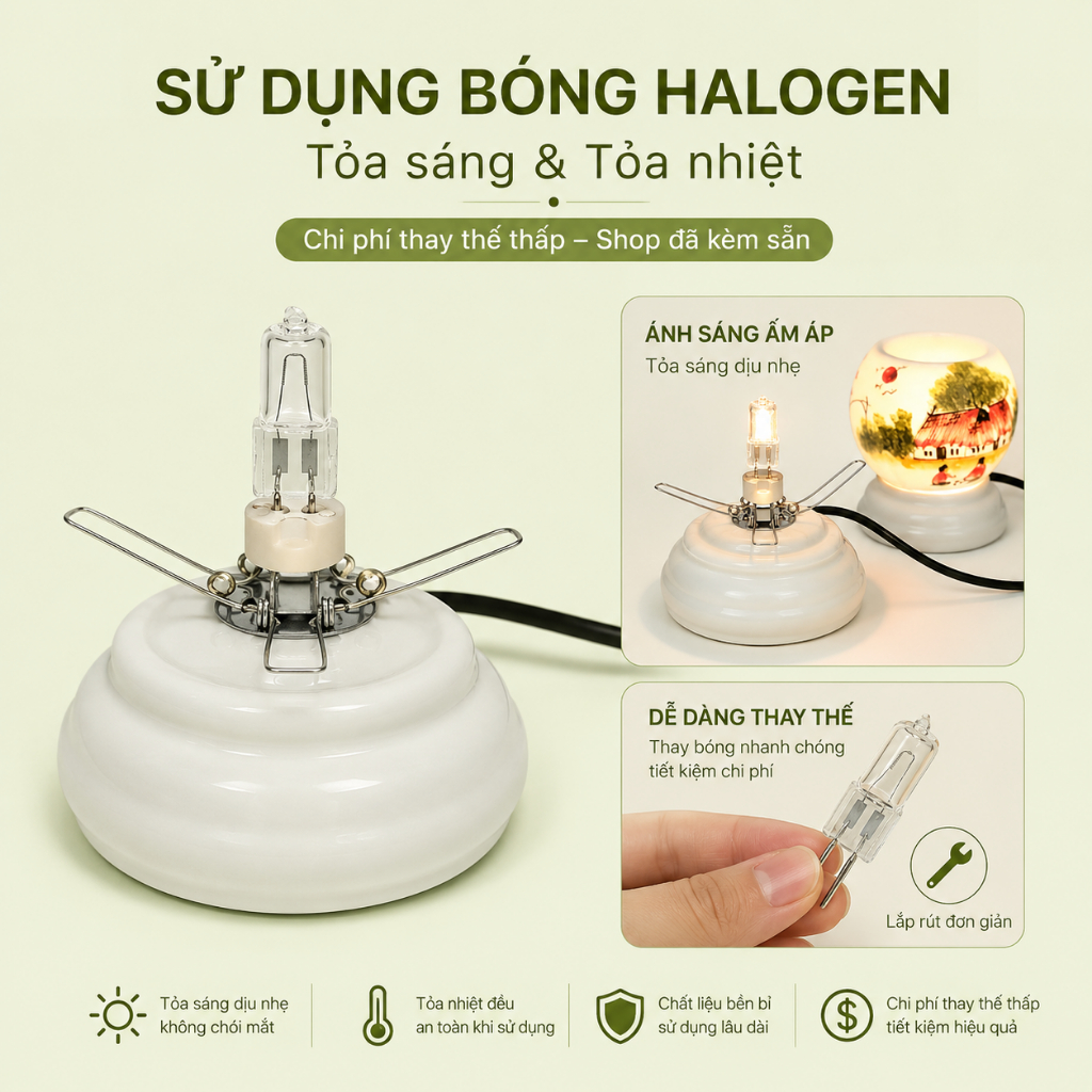 Đèn xông tinh dầu gốm sứ bát tràng thấu quang dùng xông tinh dầu cao cấp