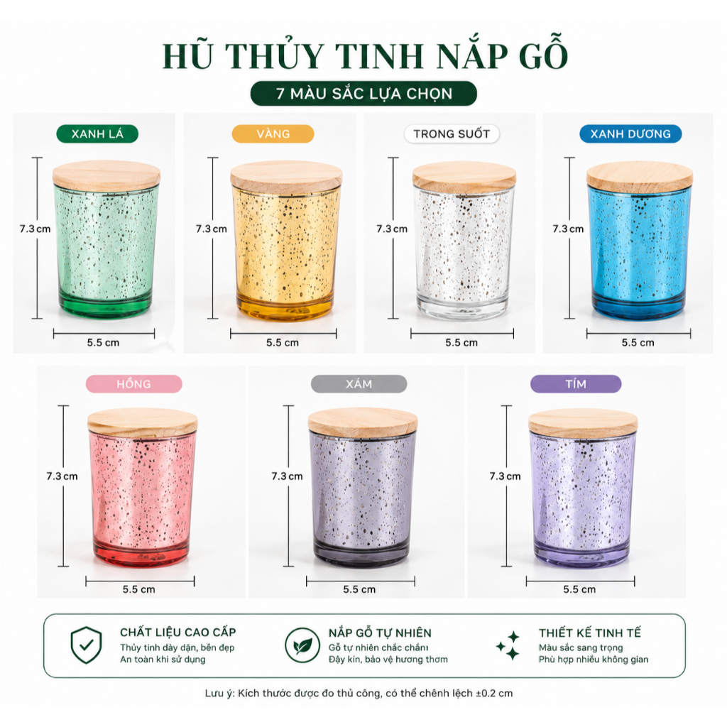 Lọ Thuỷ Tinh Có Nắp Gỗ TRáng Gương Làm Nến Hoạ Tiết Sao Lung Linh